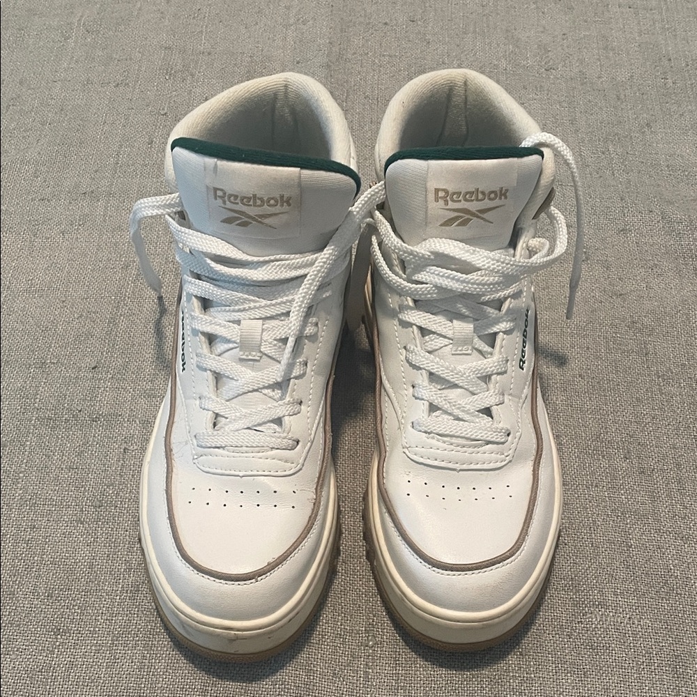 Reebok White High-Top Sneakers with Green Collar and Gold Logo